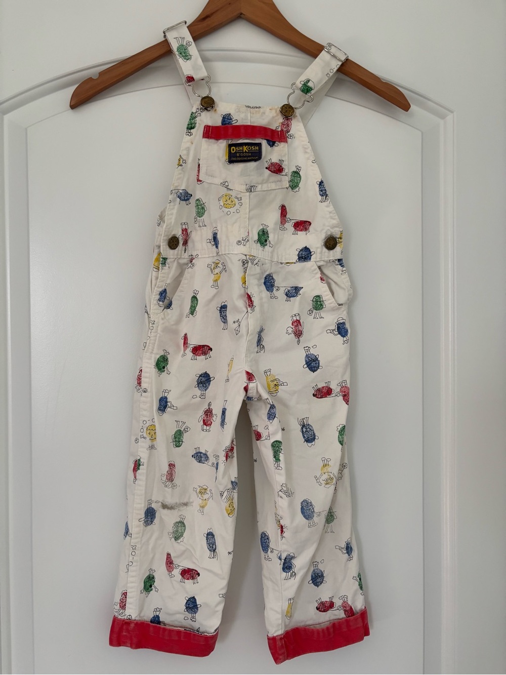 Vintage OshKosh B'gosh Fingerprint Characters Overalls Made in USA approx 3T/4T